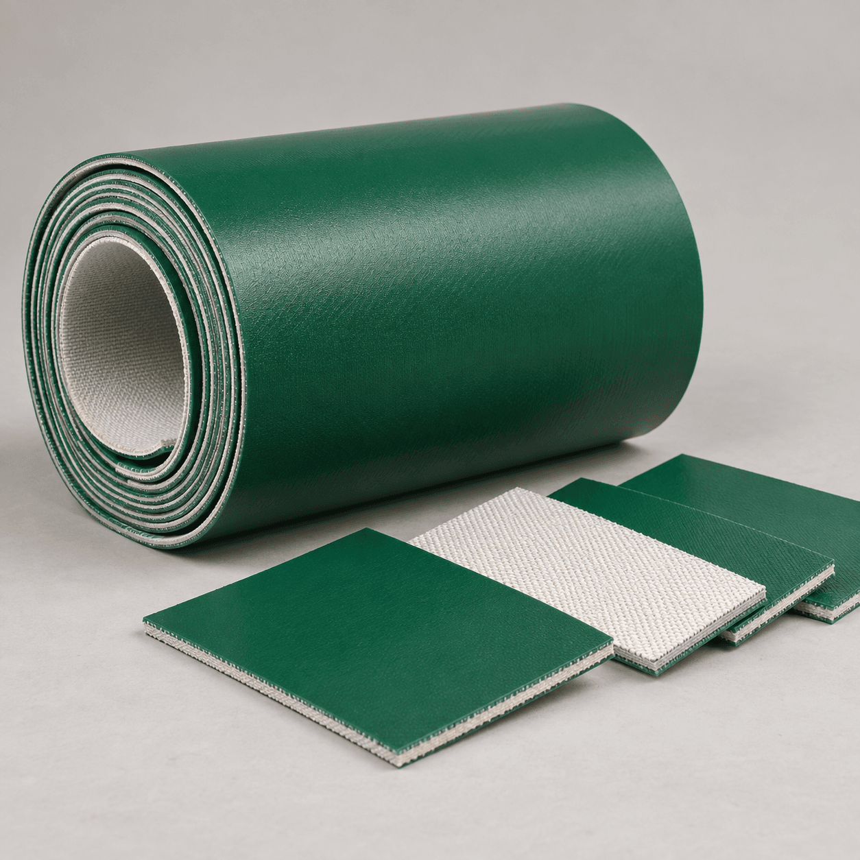 Generated illustration of PVC light conveyor belt roll and layered samples (not a factory photo)
